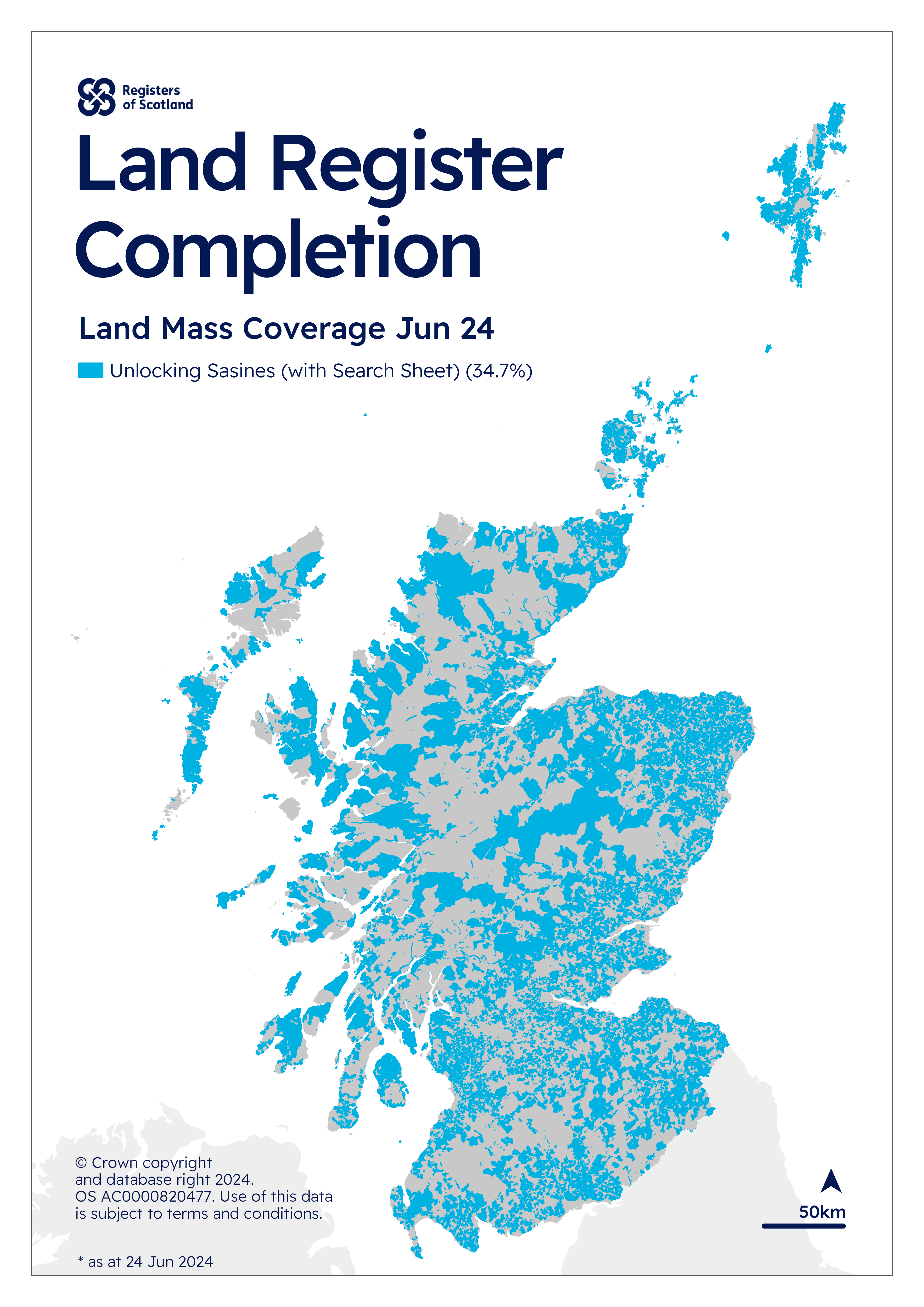 map of Scotland showing land mass coverage of titles in the sasine register January 2022r